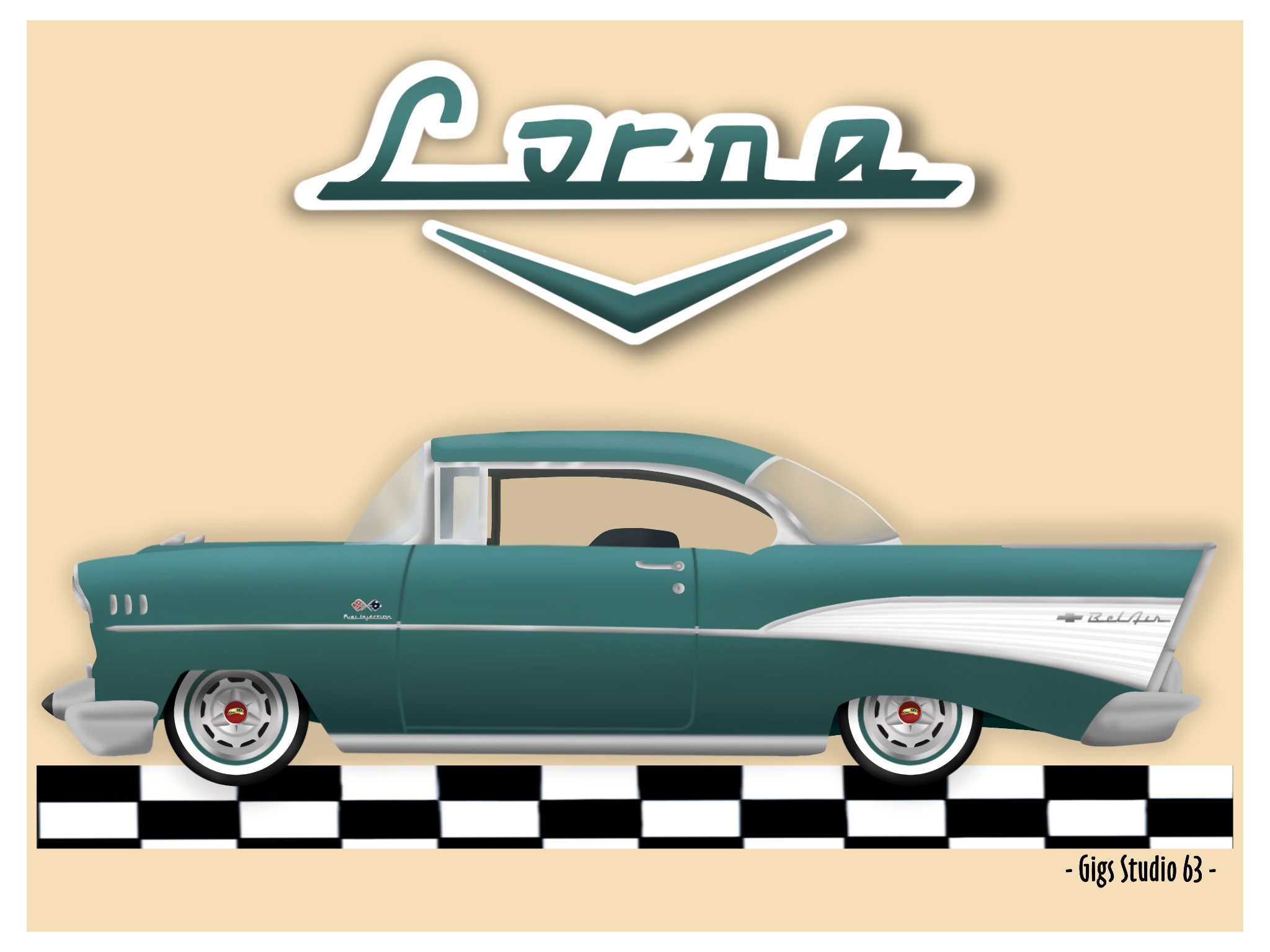 Digital Drawing of a 1957 Chevy named Lorna, in Highland Green and India Ivory